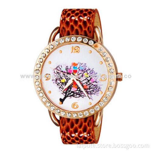 Women's Crystal Rhinestone Decorated Fashion Printing Trees and Flowers Pattern Wristwatch, OEMNew